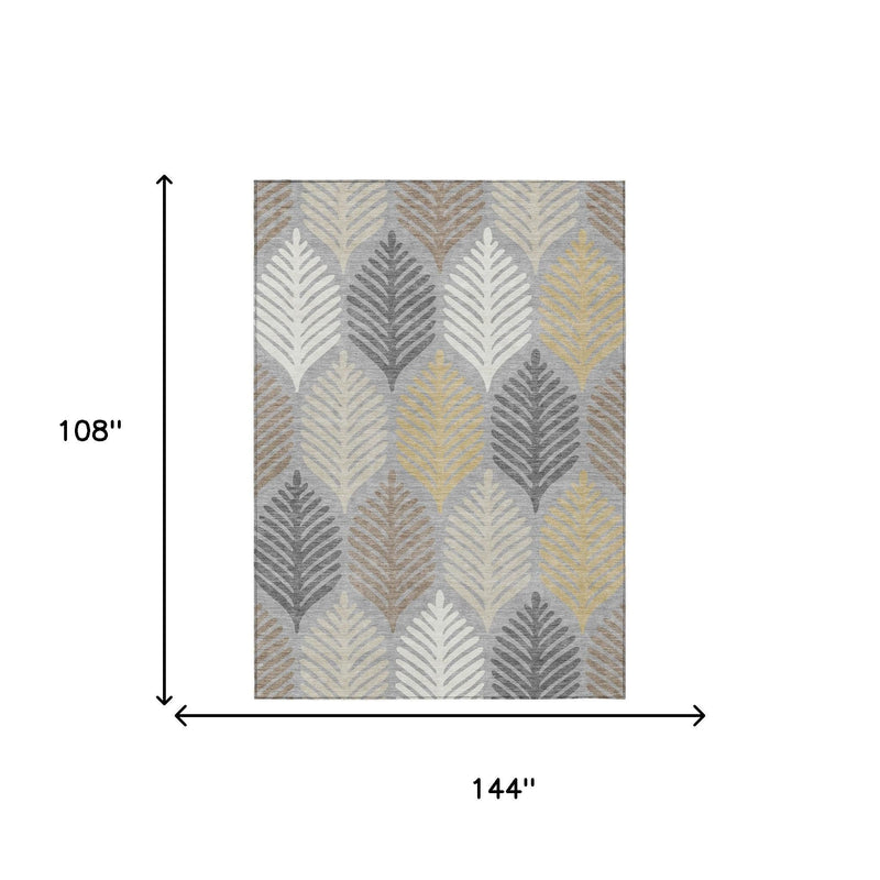 Rectangular leaf pattern area rug with size shown: 144" wide by 108"
