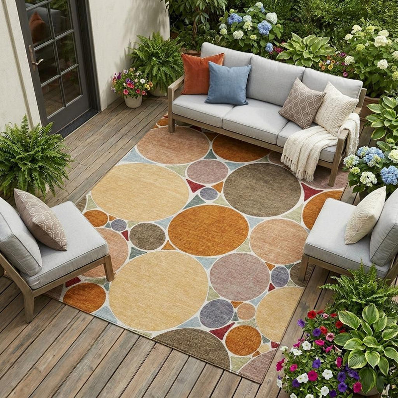 Geometric area rug with multicolor circle motif and light blue background