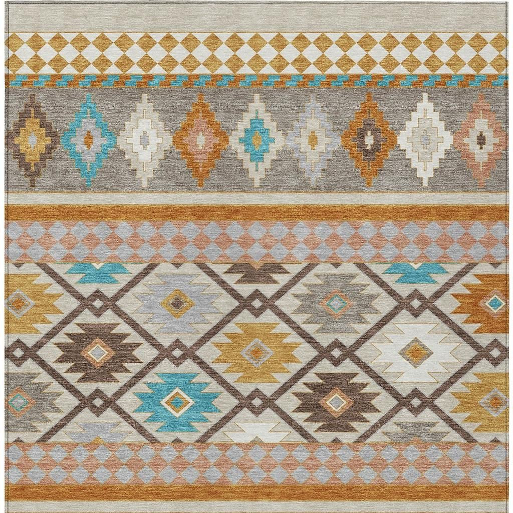 Beige and orange southwestern area rug with gray diamond motifs and multicolor stripes