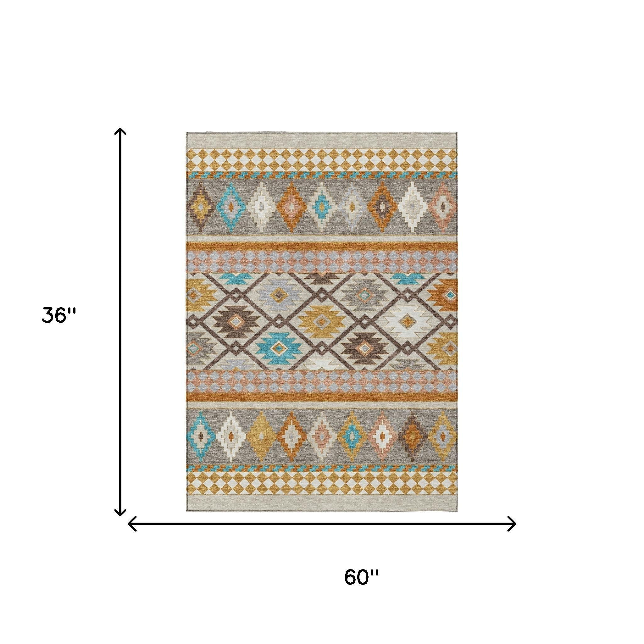 Beige and orange area rug with southwest banded design and geometric diamond motifs, 3x5 ft