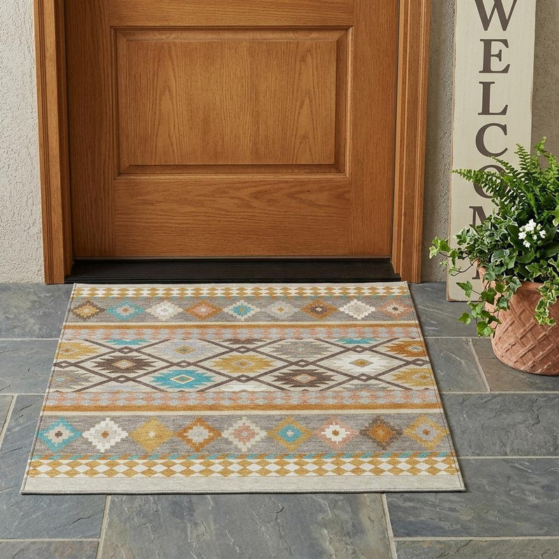 Southwestern indoor area rug with gray field and beige, orange, and blue geometric bands