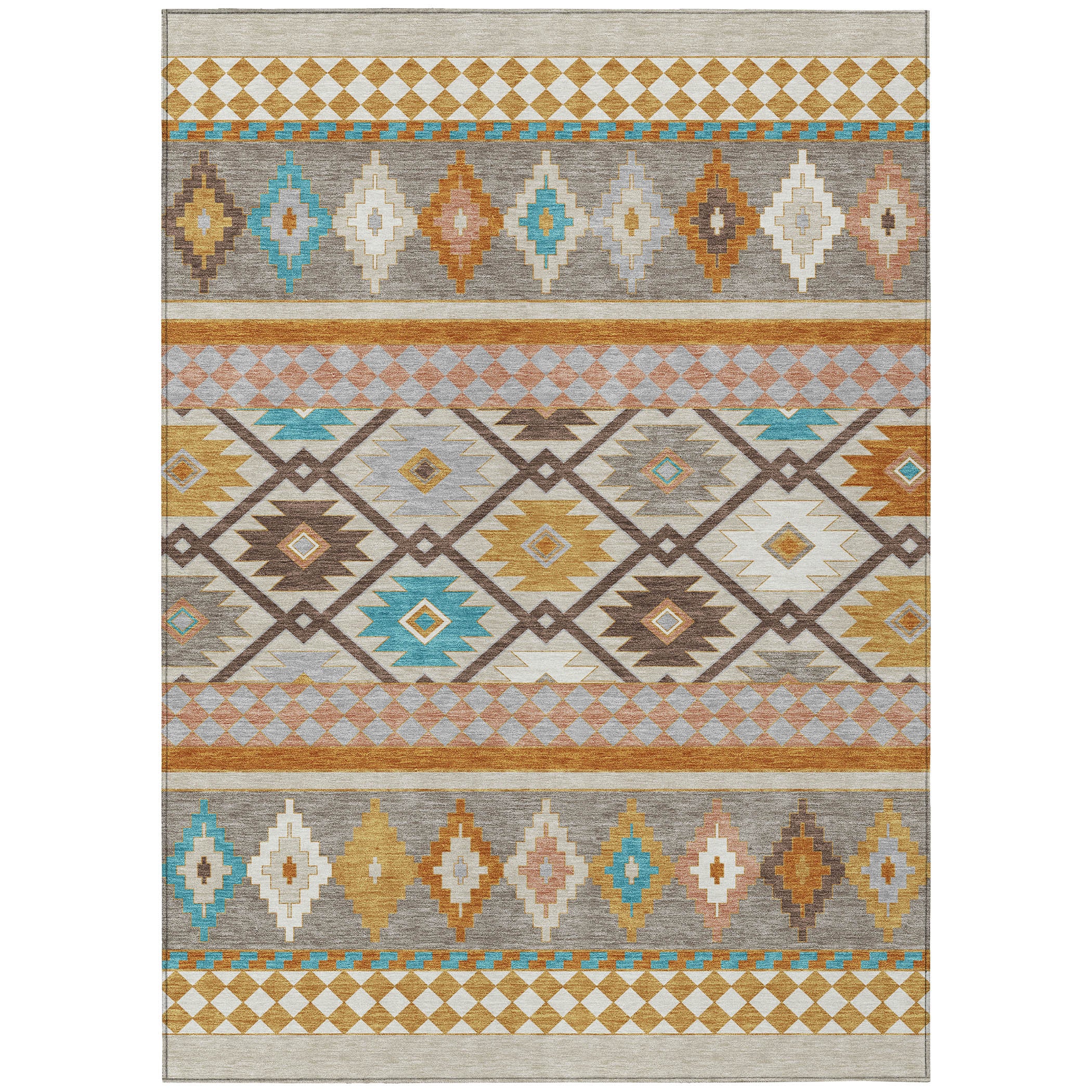 Beige, gray, and orange southwestern area rug featuring multicolor diamond and stripe patterns