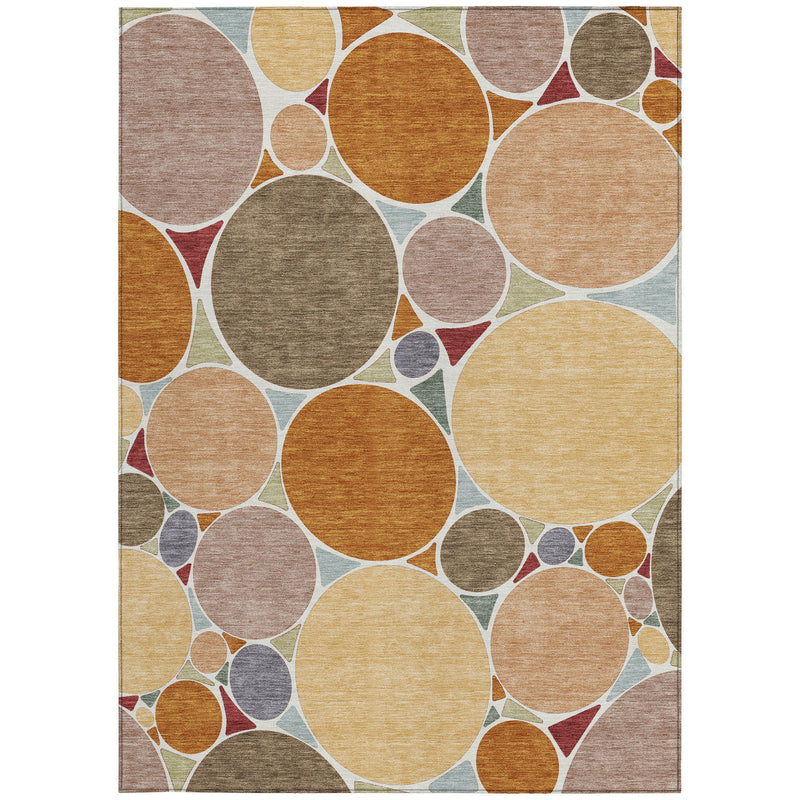 Geometric area rug showing multicolor circles and curving white arc lines