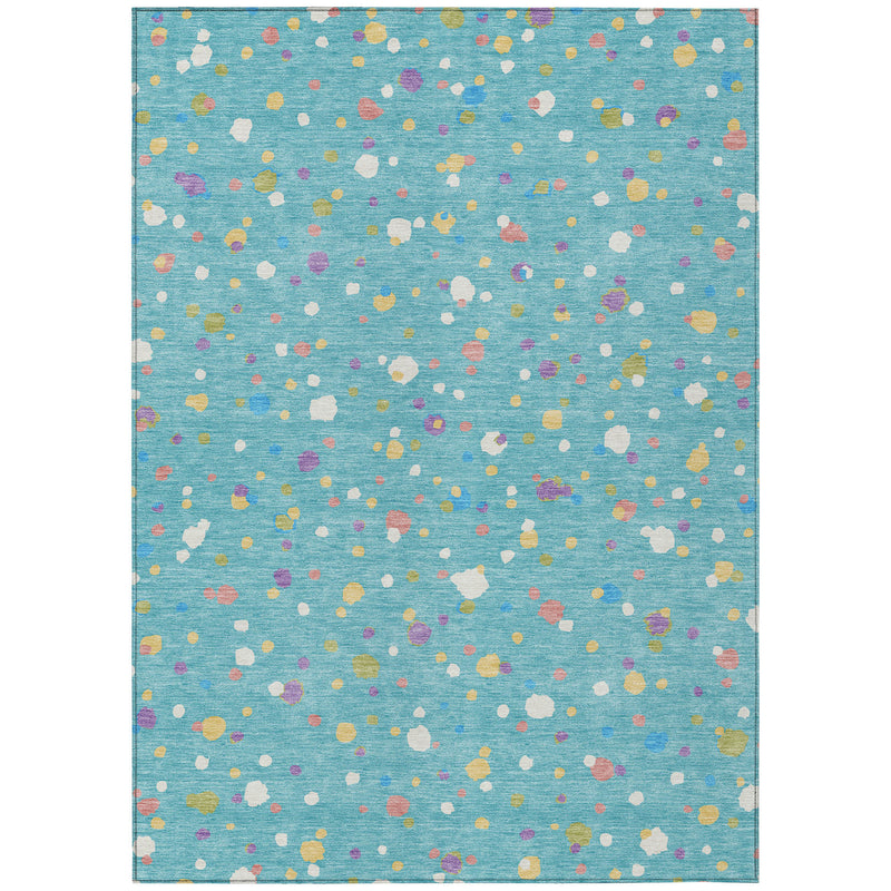 Teal blue rectangular area rug with scattered pastel and bright multicolor geometric shapes