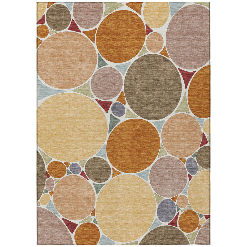 Rectangular geometric area rug with circular pattern in orange, copper, and gray