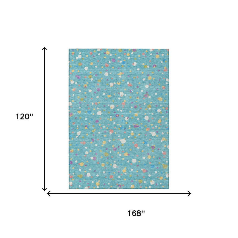 Teal blue area rug, 168 x 120 in, with multicolor abstract geometric pattern