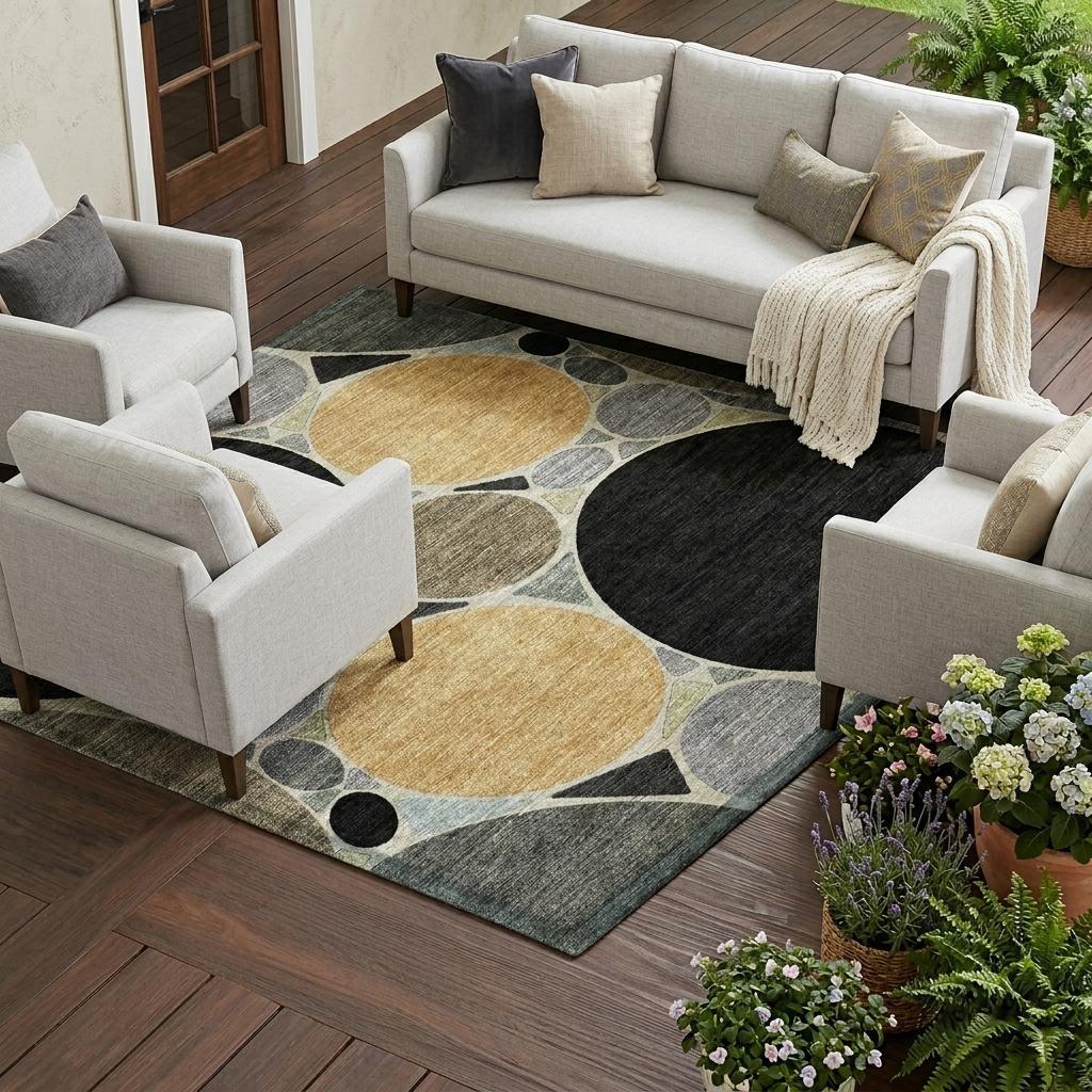 Geometric area rug with black, gray, and gold circles in a modern living room setting