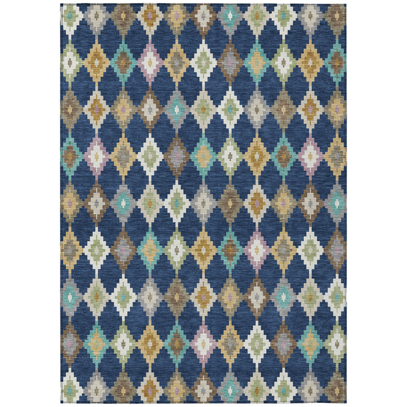 Navy blue indoor/outdoor area rug with geometric diamond lattice, multicolor detail