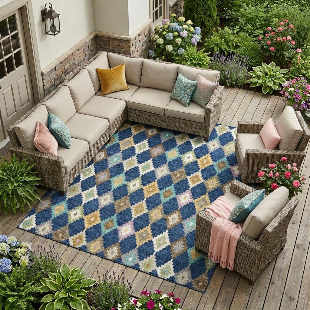 Navy blue indoor/outdoor area rug with zigzag diamond pattern, multicolor blocks