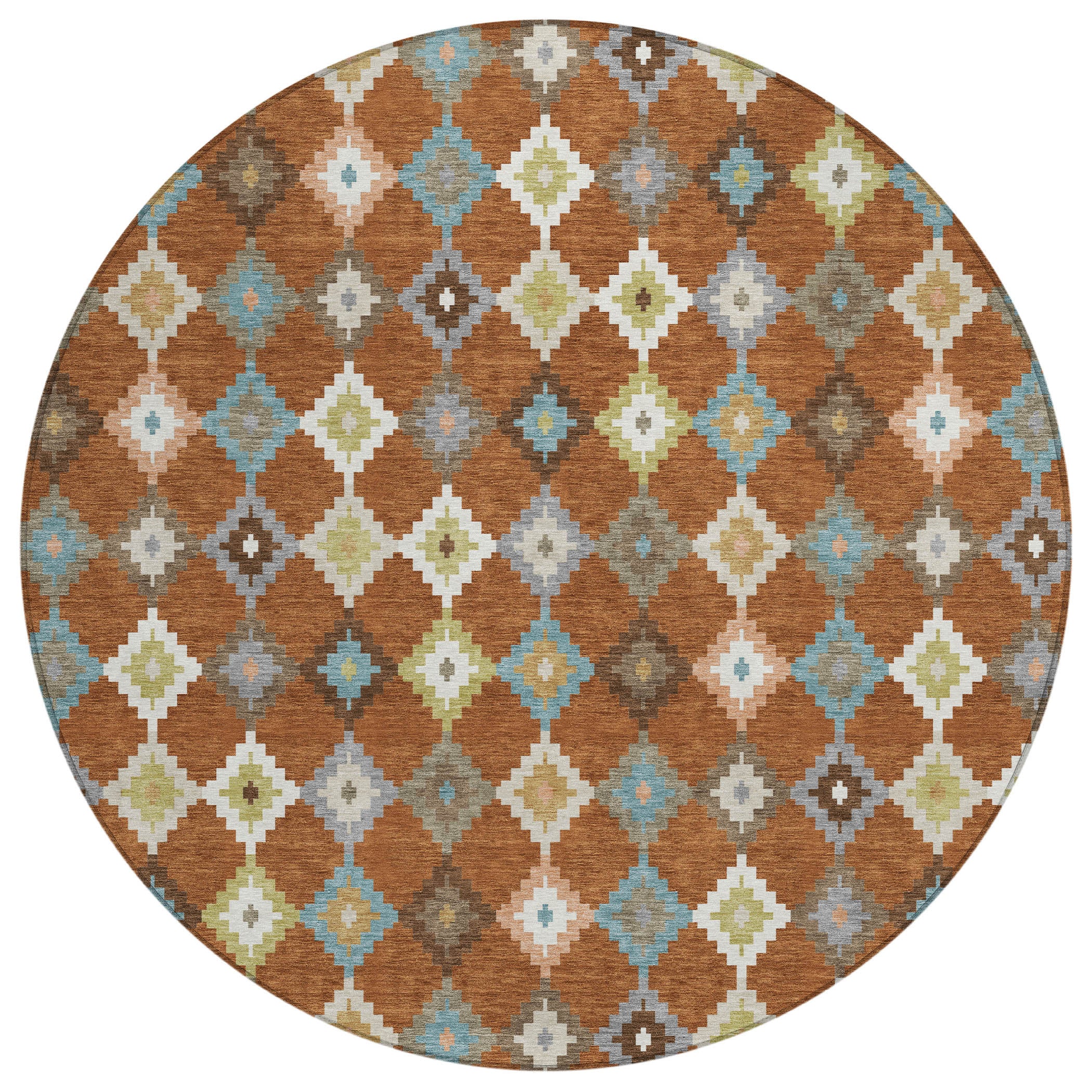 Round aztec rug with orange-brown background and teal, gray, and cream diamond shapes