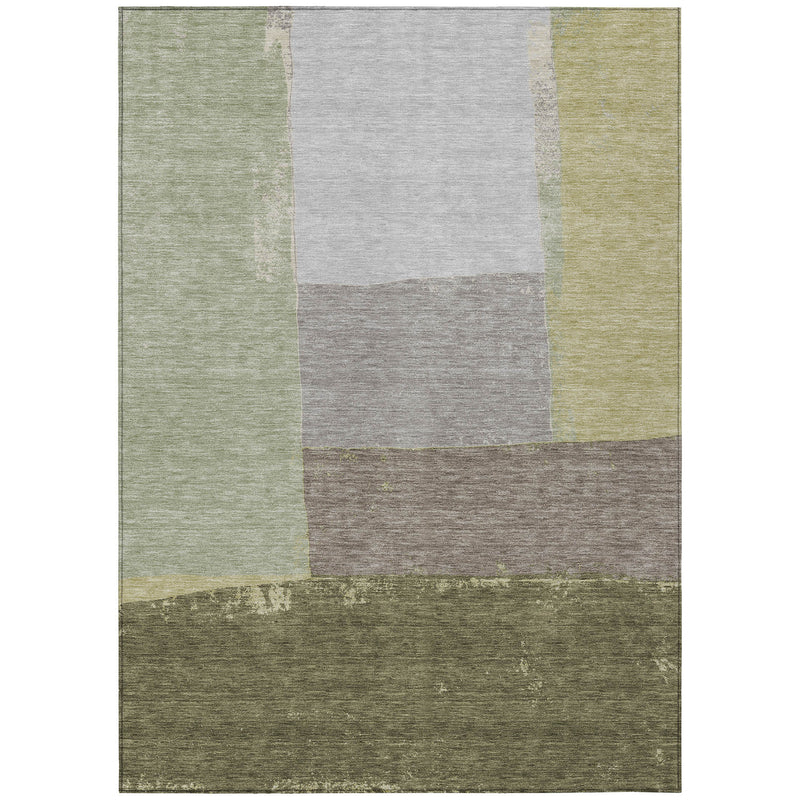 Geometric area rug with patchwork rectangles in olive, fern, and gray tones