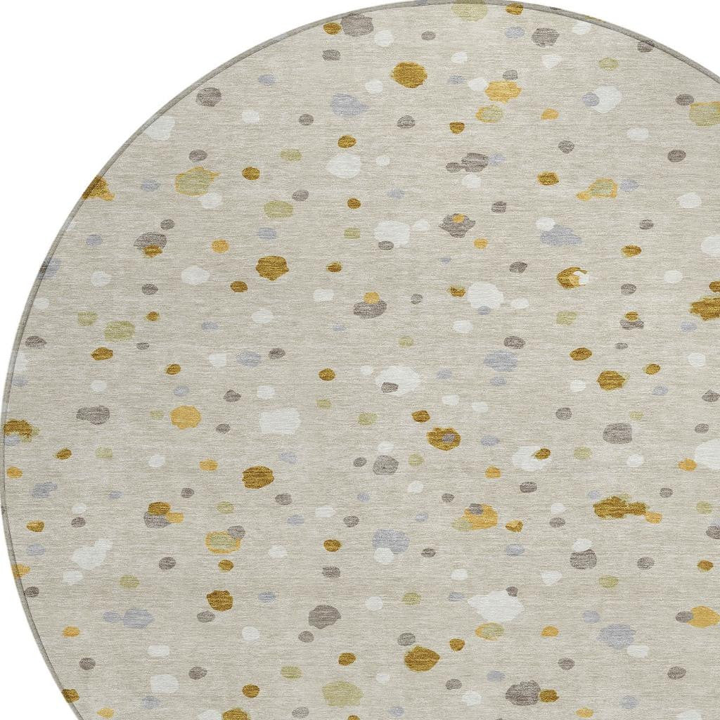 8' Beige And Gold Round Geometric Washable Indoor Outdoor Area Rug - Sports & Outdoor