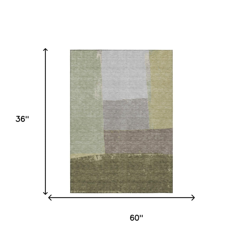 Geometric area rug, 36 in x 60 in, olive and fern green panel design