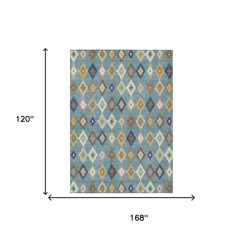 Teal blue geometric area rug, shown with size measurements