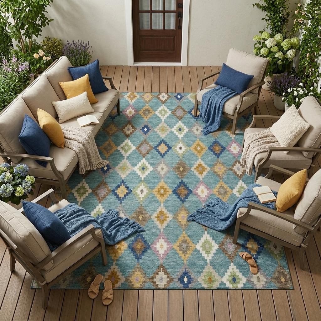 Teal blue aztec diamond area rug with multicolor geometric pattern