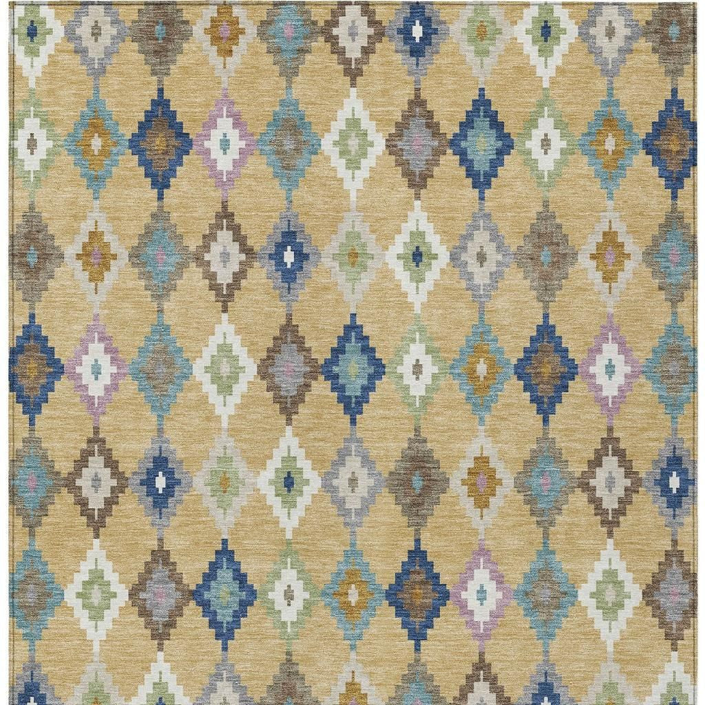 Aztec area rug with gold and teal blue diamond pattern, washable indoor/outdoor