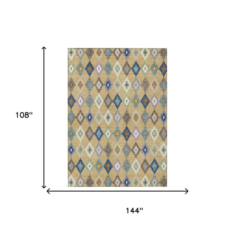 Aztec area rug size diagram, 144 in by 108 in, gold and teal blue diamond pattern