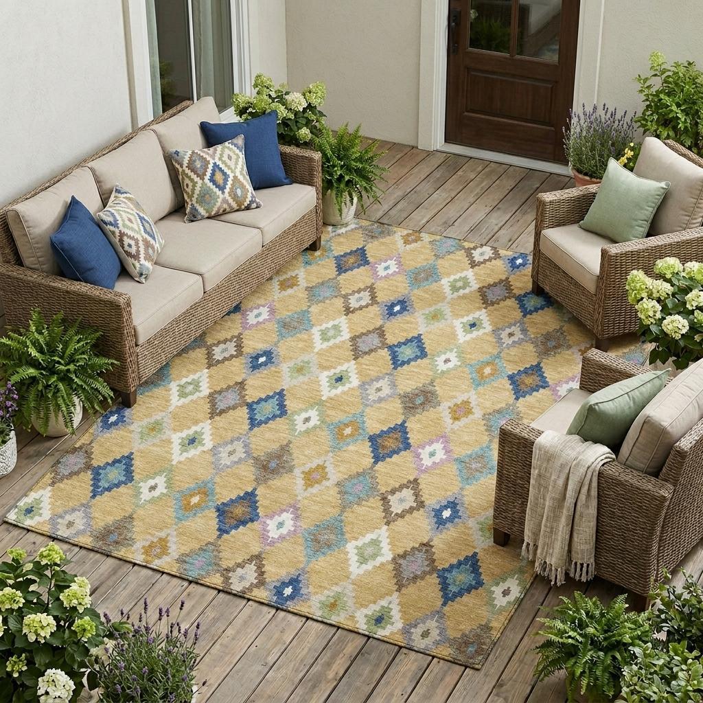 Aztec area rug in living room, gold ground with teal blue and multicolor diamond pattern