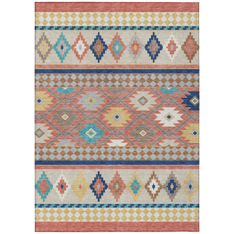 Southwestern area rug in cream with coral, teal, navy and tan diamond and arrow borders.