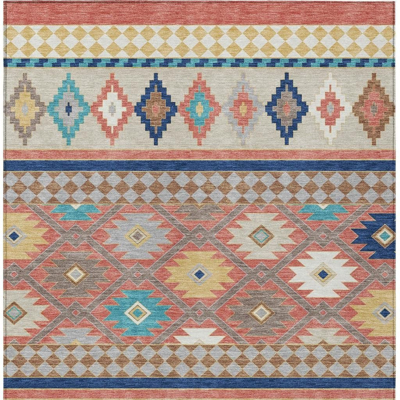 Southwestern washable area rug showing multi-band geometric medallion and diamond motifs.