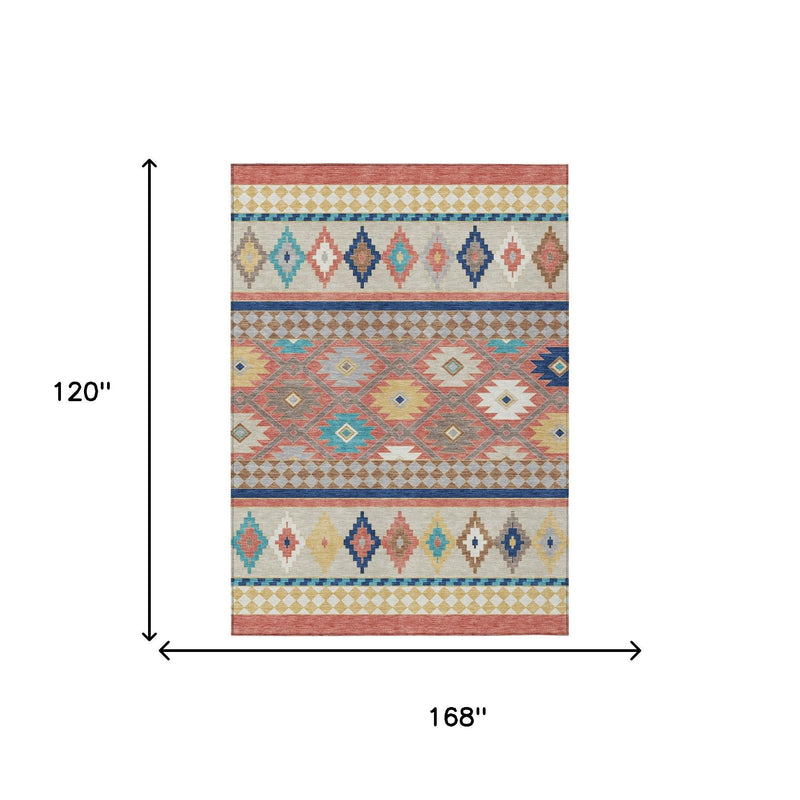 Southwestern area rug with multicolor geometric design, shown with 168 in by 120 in size.