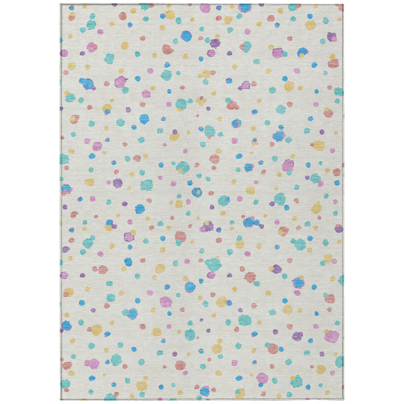 Ivory washable area rug with multicolor geometric splash pattern; full rug view on white