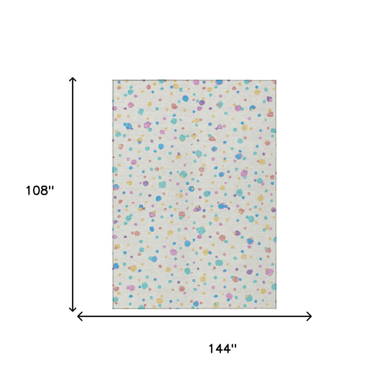 Geometric washable area rug in ivory with multicolor scattered shapes, shown with dimensions