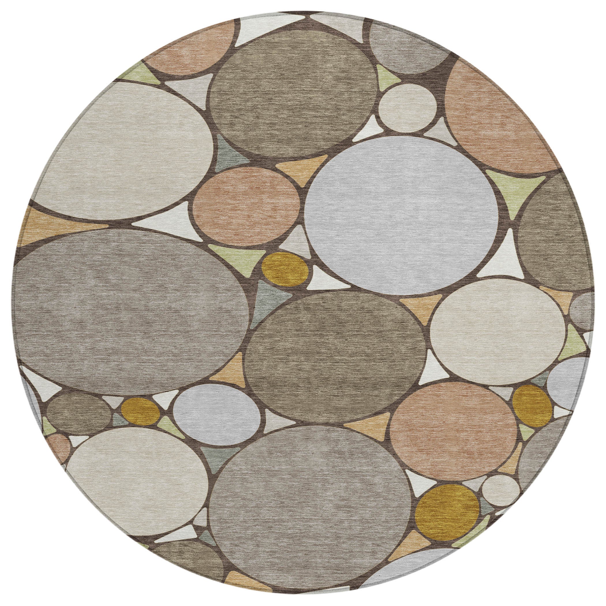 Round geometric rug with overlapping circle medallion pattern in gray, beige, and gold