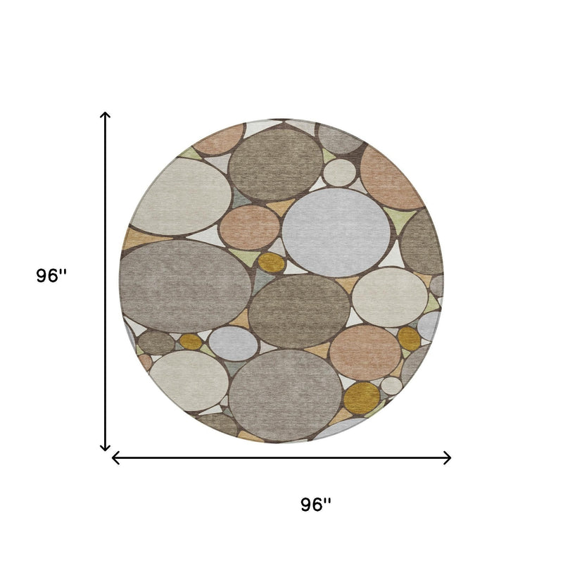 Round rug size diagram, 96 in x 96 in, geometric circle design in gray and tan