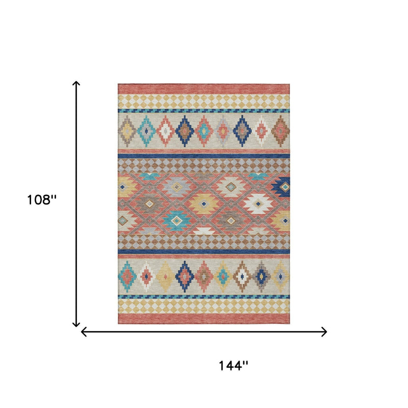 Rectangle area rug, 9 x 12 ft, with coral, beige, and blue southwestern pattern.