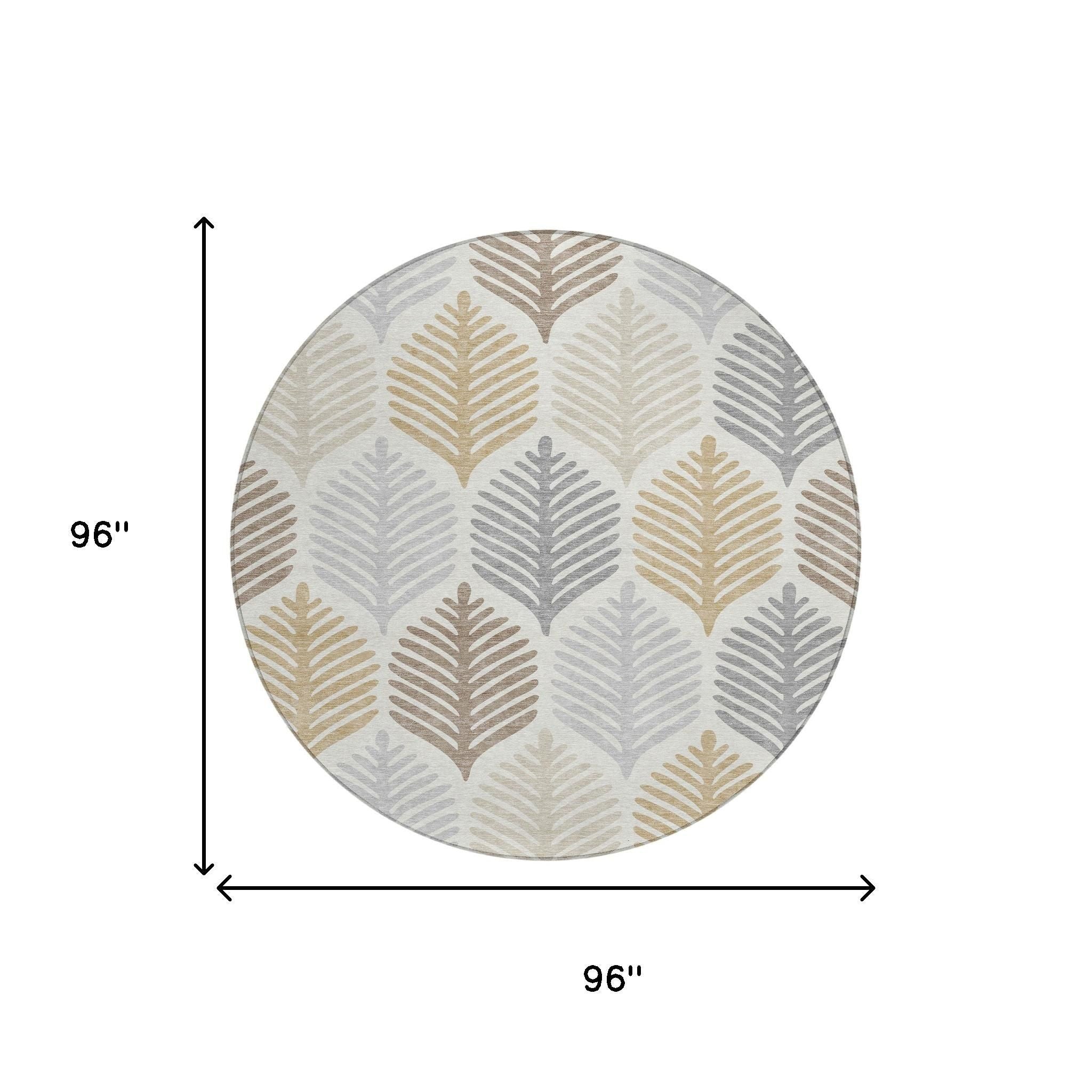 Round area rug, 96 in wide; leaf pattern in ivory with gray and beige