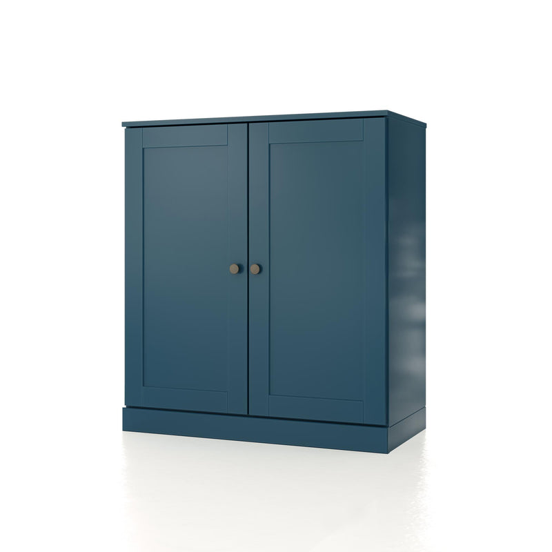 Teal blue free-standing storage cabinet with two hinged doors and round knobs, side view