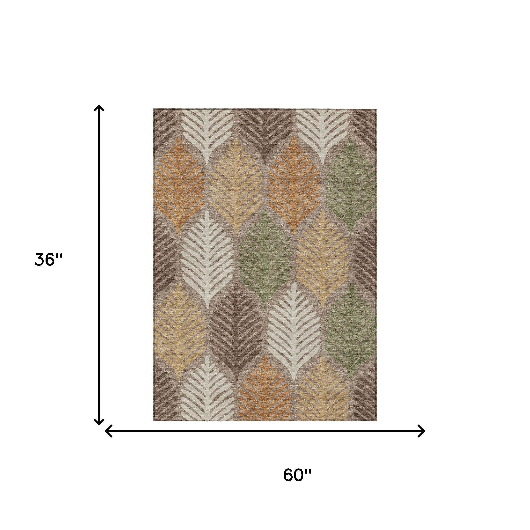 Leaf-pattern area rug, 60 in x 36 in, taupe with beige, orange, and green