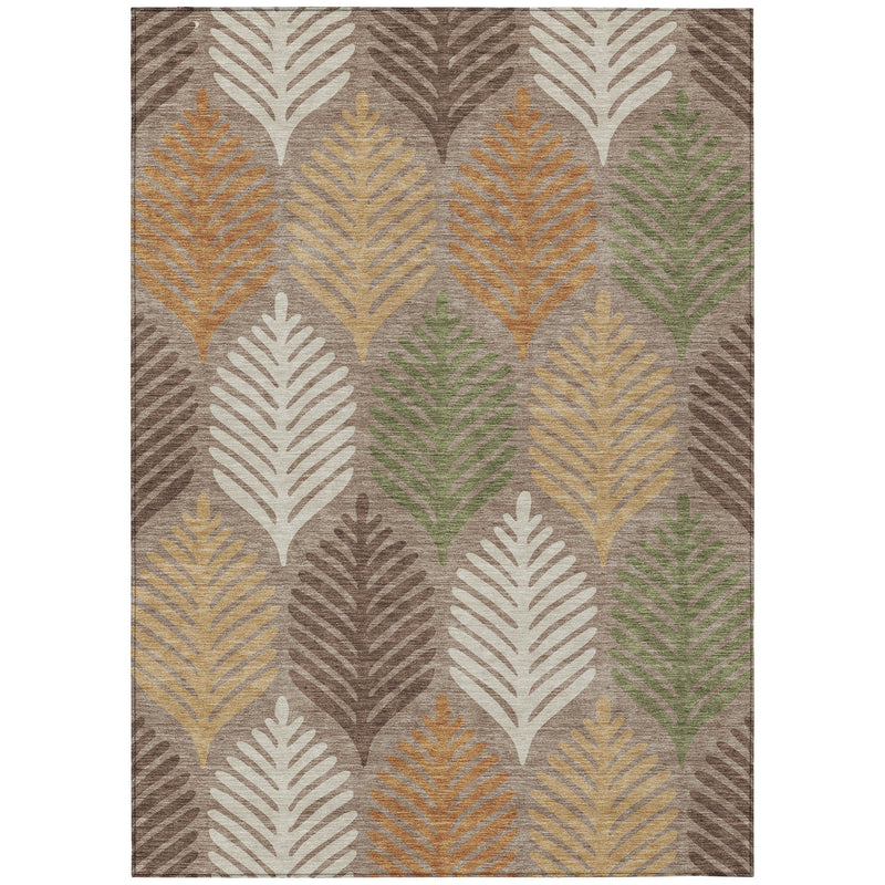 Rectangular leaf-pattern area rug in taupe, beige, orange, and green tones