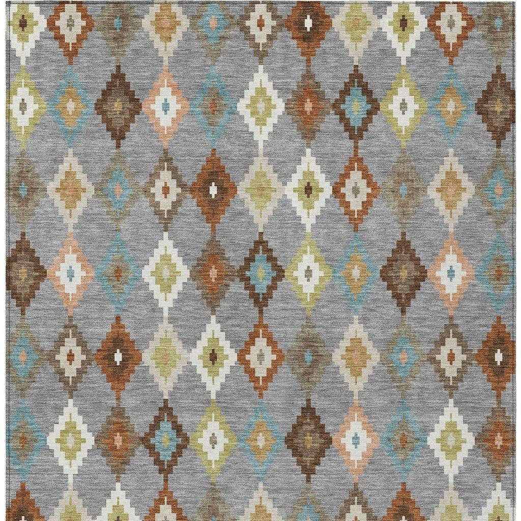 Gray washable indoor/outdoor area rug with multicolor aztec diamond pattern