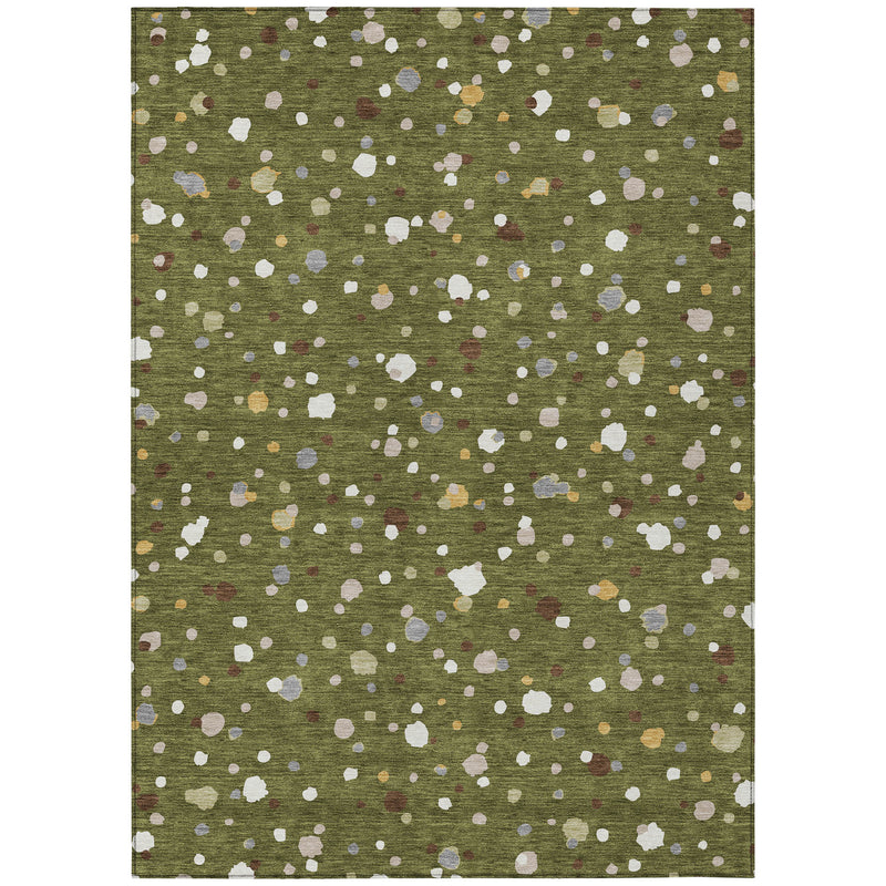 Olive green area rug with dense scattered white geometric specks