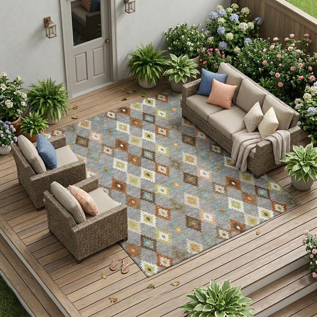 Gray aztec area rug with beige and blue diamond blocks