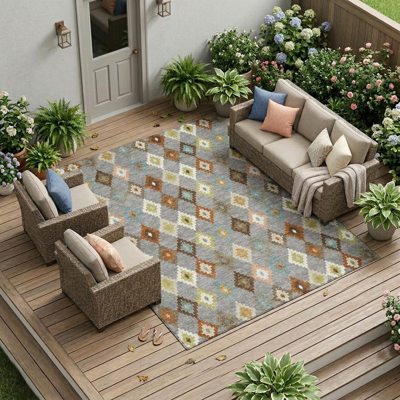 Gray aztec area rug with beige and blue diamond blocks