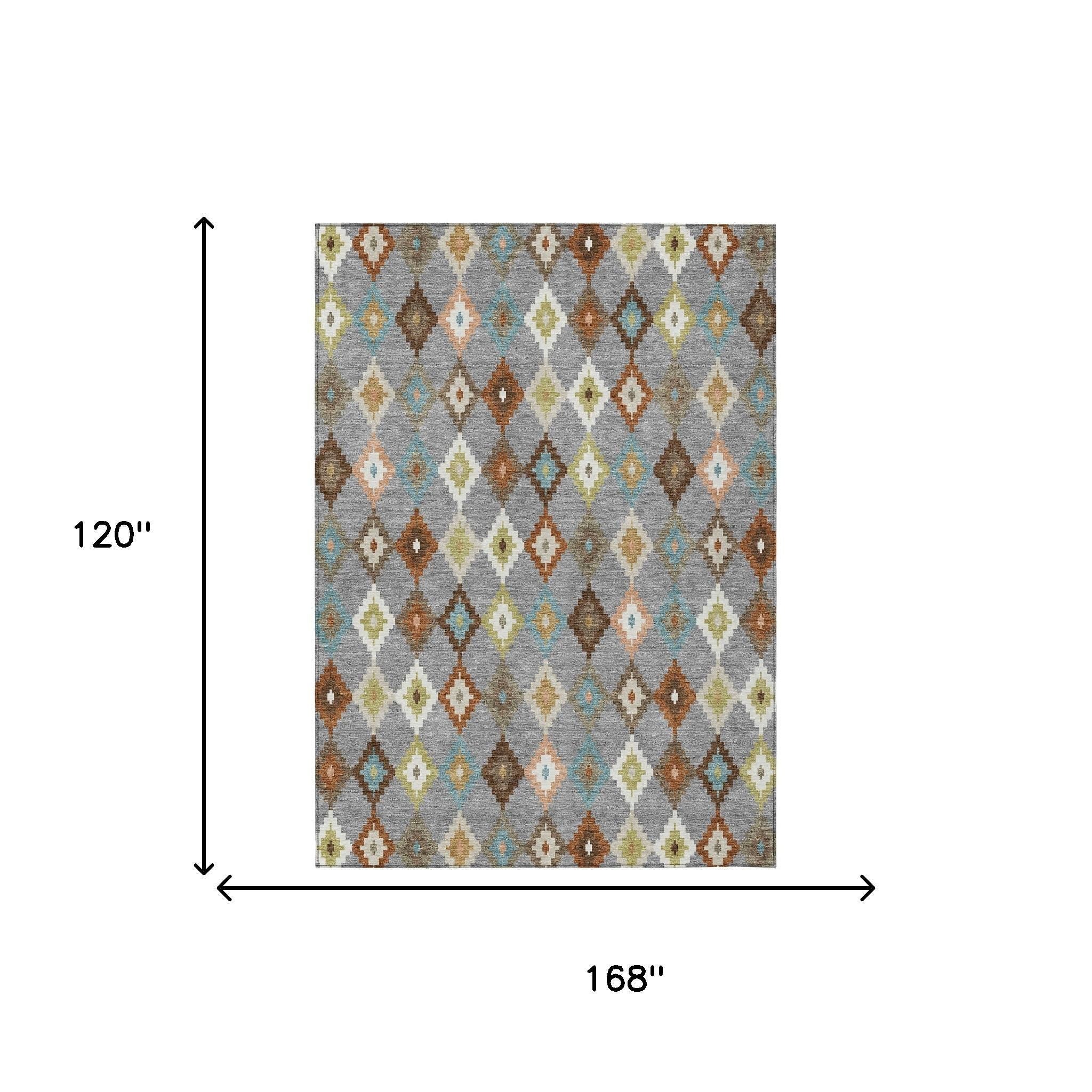 Gray rectangular aztec area rug, 10x14 ft, with blue and beige diamond pattern