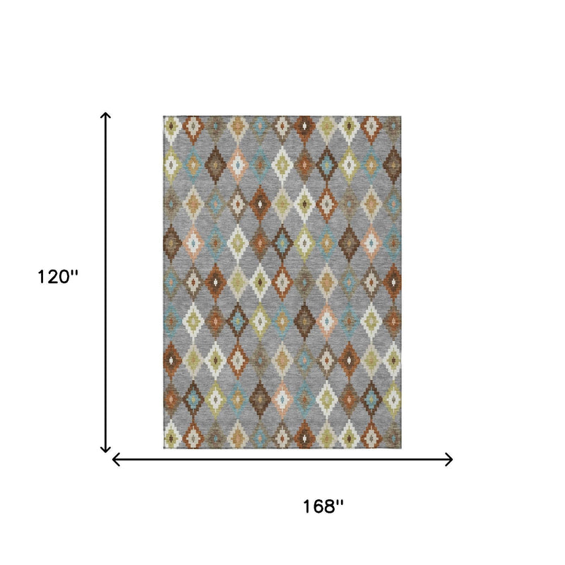 Gray rectangular aztec area rug, 10x14 ft, with blue and beige diamond pattern