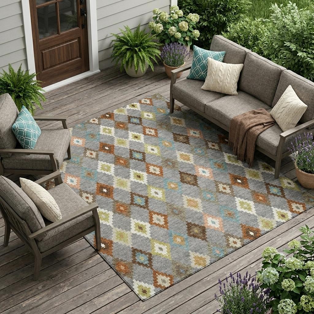 Multicolor Aztec-style area rug with gray base and diamond pattern, indoor outdoor
