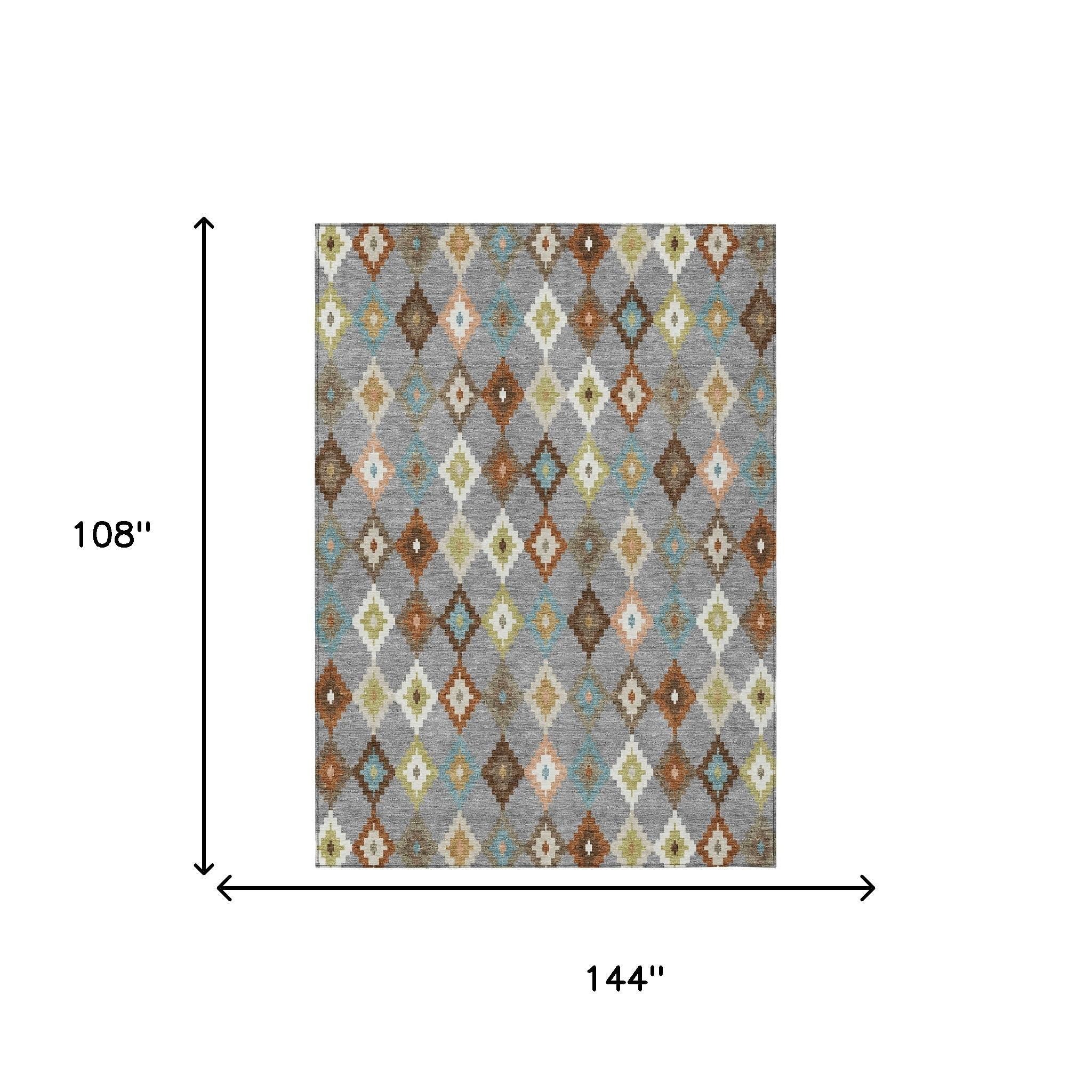 Gray Aztec-style area rug, 144 in x 108 in, diamond pattern in blue, cream and brown