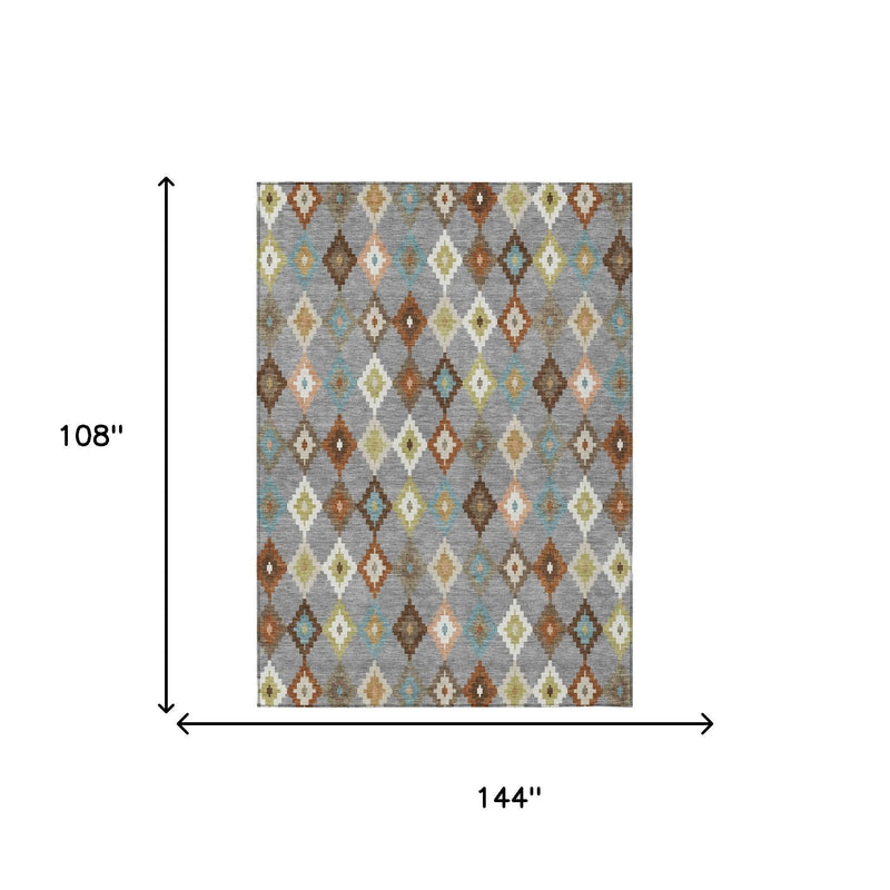 Gray Aztec-style area rug, 144 in x 108 in, diamond pattern in blue, cream and brown