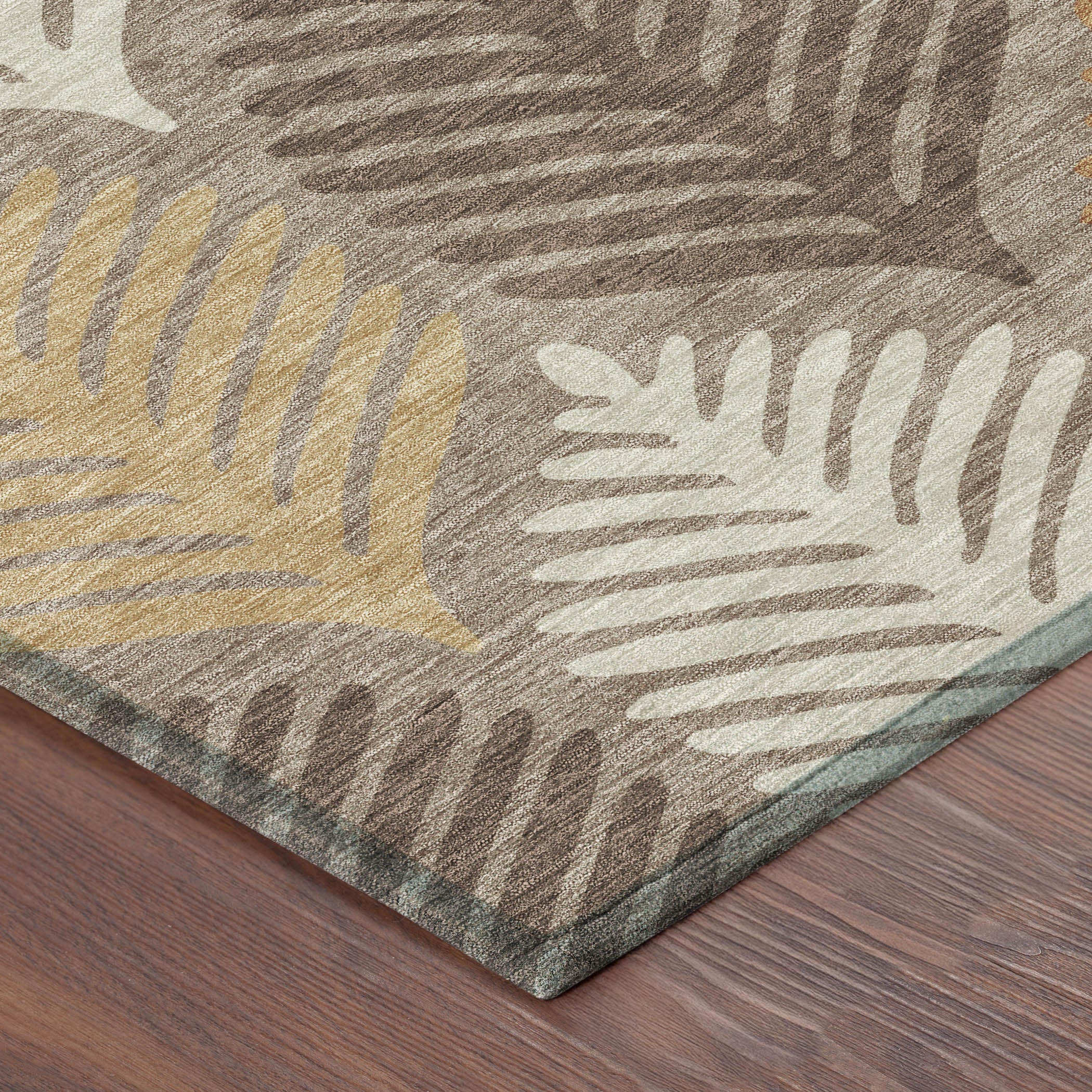 Corner view of taupe and beige rug with multicolor feather-leaf pattern and border