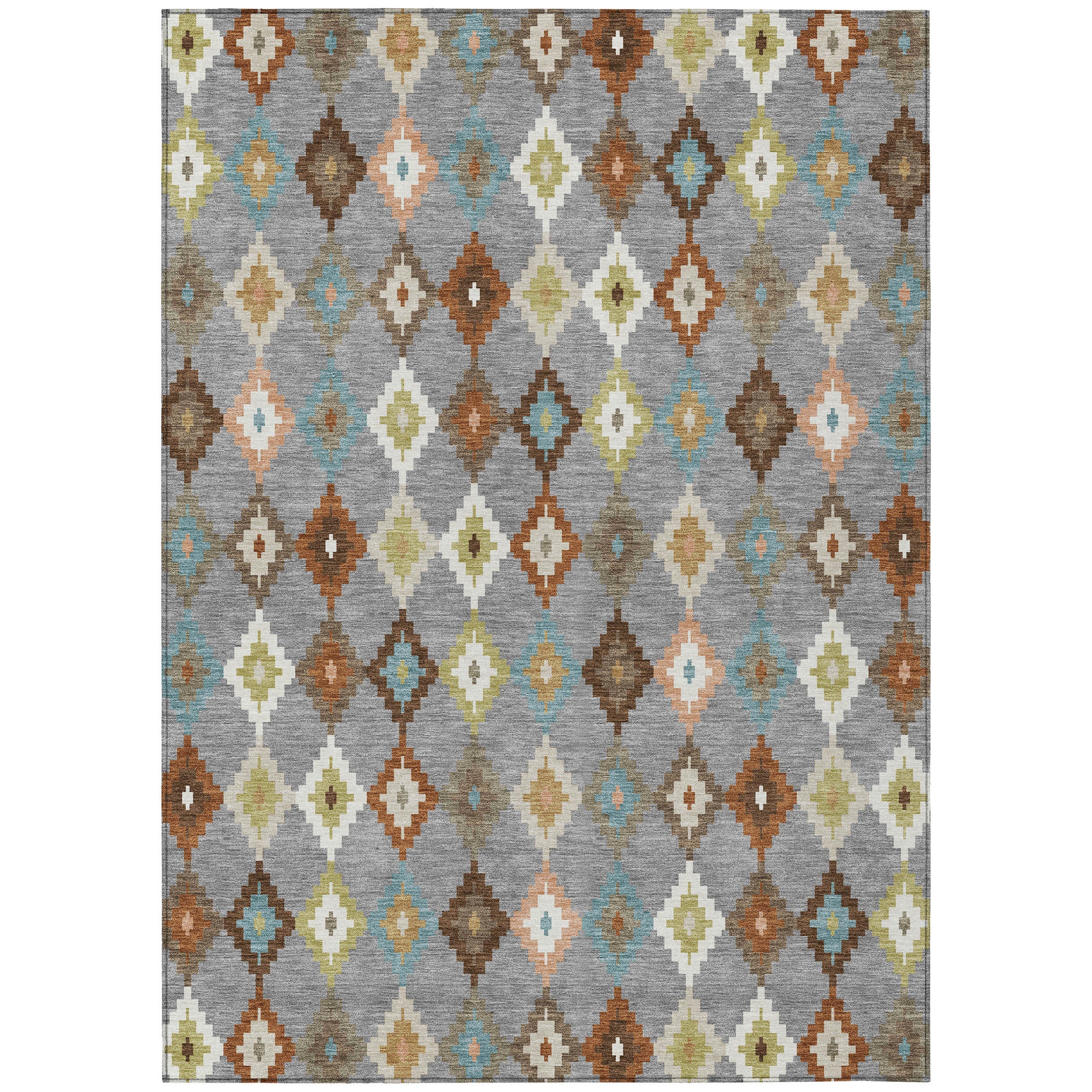Multicolor Aztec-style area rug with gray ground and repeating diamond medallion pattern