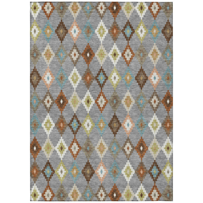 Multicolor Aztec-style area rug with gray ground and repeating diamond medallion pattern