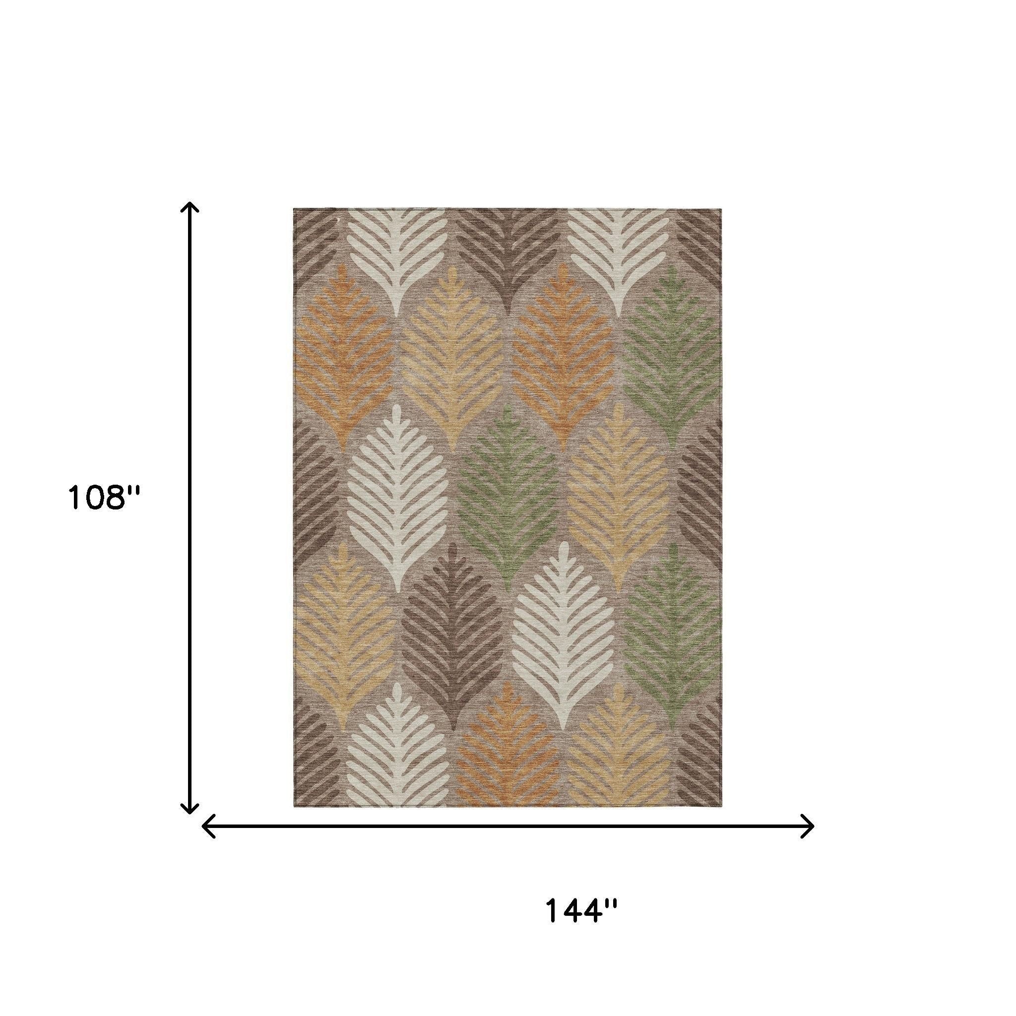 Taupe and beige area rug with multicolor leaf pattern, rectangular washable design
