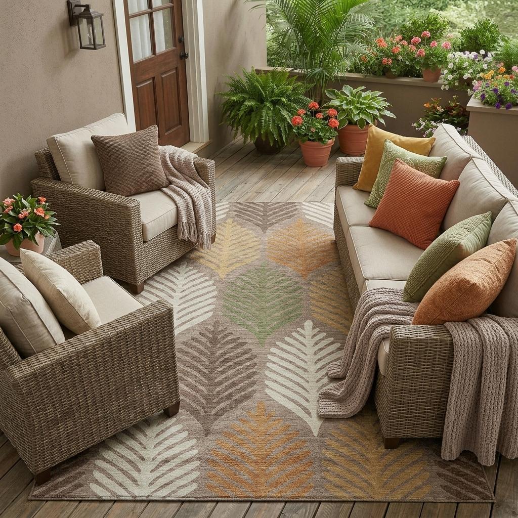 Indoor outdoor area rug with taupe base and multicolor leaf pattern, rectangular