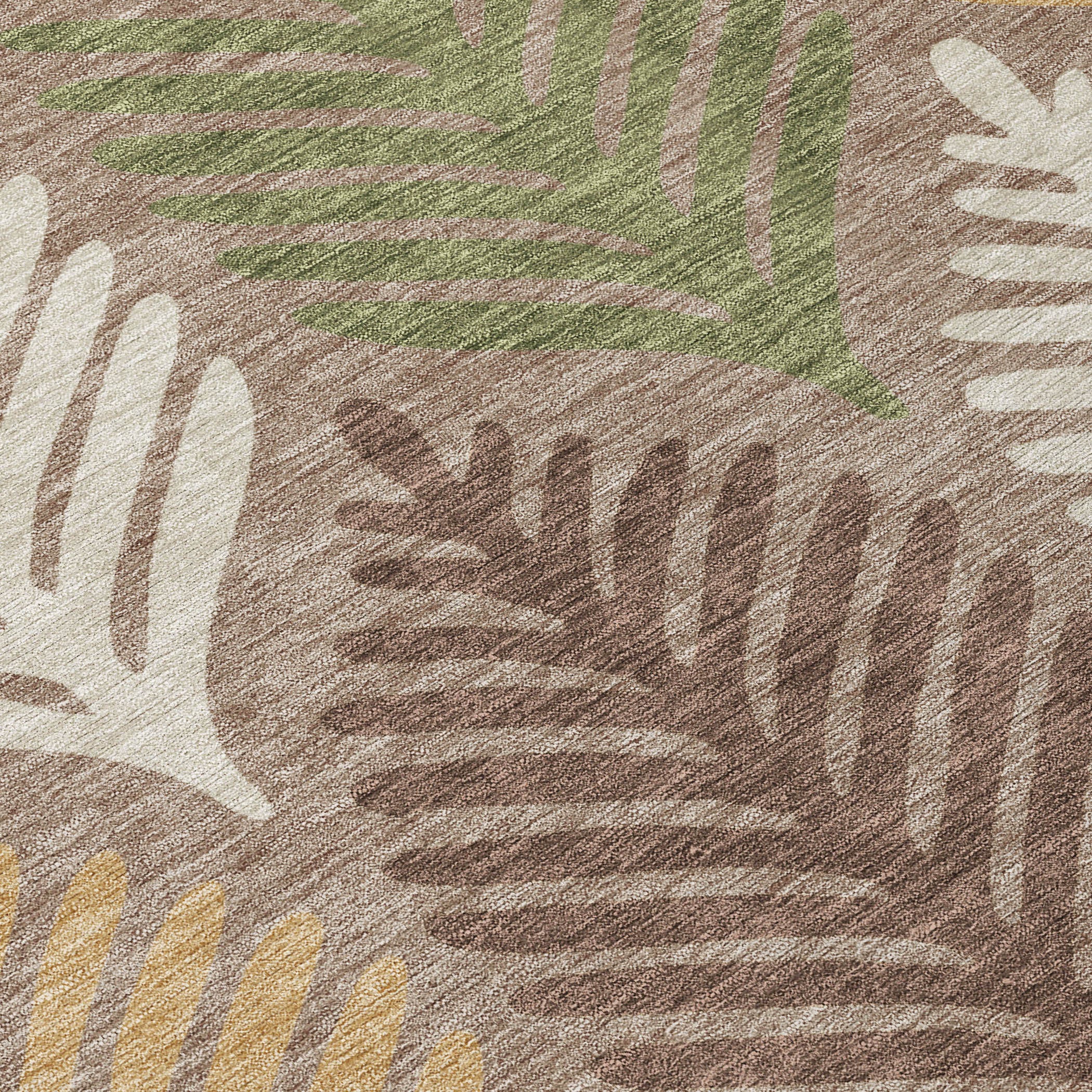 Close-up of taupe area rug with multicolor leaf motif and textured weave