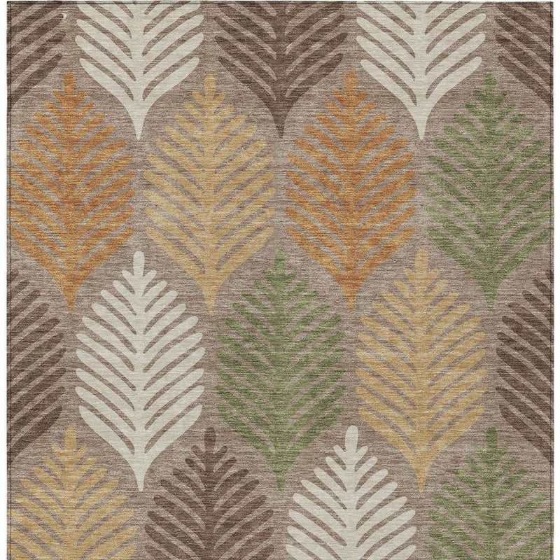 Taupe area rug with beige and pastel leaf pattern in a soft grid layout